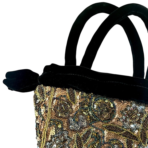 Chico’s Beaded Sequin Flapper 20s Great Gatsby Velvet Bucket Bag Purse Gold New - Picture 9 of 11